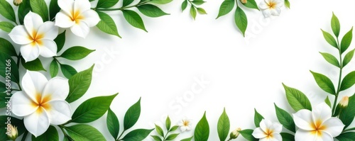 Intricate white floral border with lush green foliage on pure white , decoration, floral, card