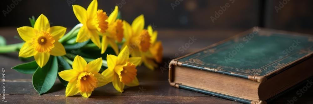Fototapeta premium Narcissus blossoms beside antique book, wooden surface , narcissus, brick