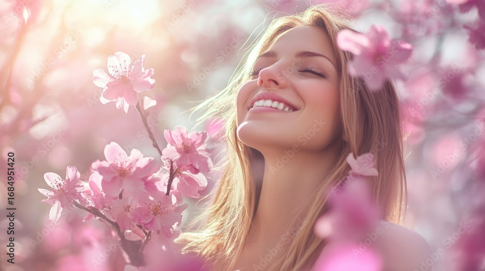 Fototapeta premium Woman smiles, surrounded by spring blossoms. Soft light