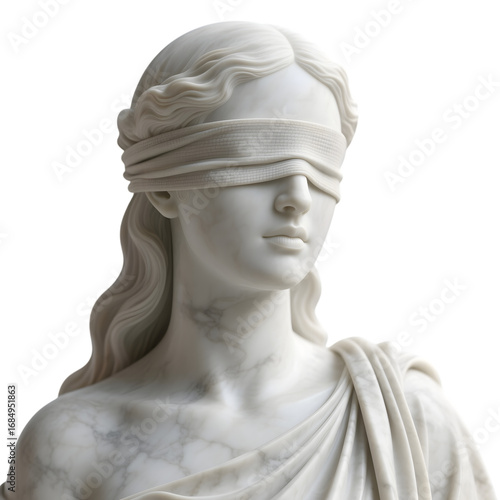 Statue of Lady Justice with Blindfold in white transparent png background cutout
