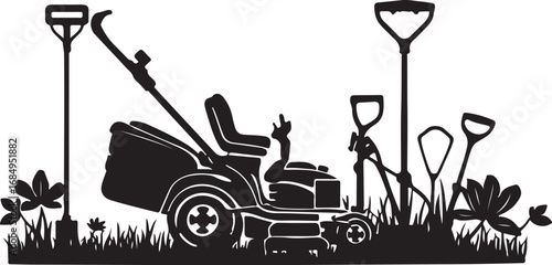Black and white silhouette illustration of garden tools and lawn mower equipment for outdoor landscaping projects and home improvement designs