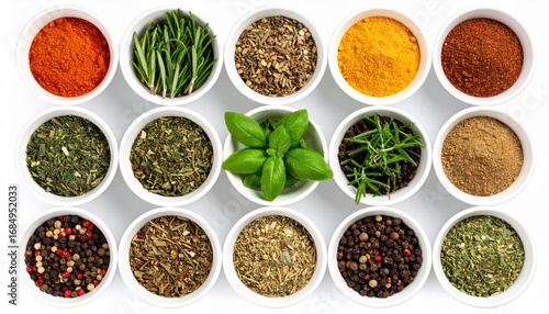Fototapeta Naklejka Na Ścianę i Meble -  A collection of fifteen white bowls filled with assorted dried spices herbs and peppercorns arranged in a grid pattern
