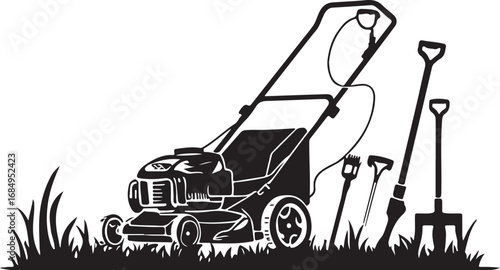 Black and white vector illustration of gardening tools with a lawn mower and various hand tools for landscaping projects and outdoor maintenance