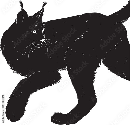 Black Lynx Illustration Walking Side View Minimalist Silhouette Wildlife Animal Drawing Digital Art Depiction Wild Cat Design Print Material
