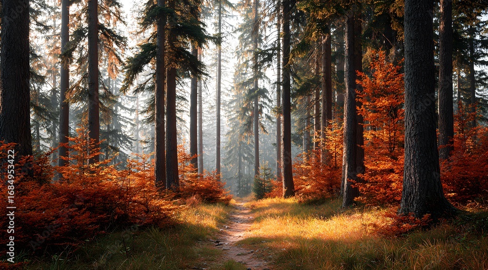 Obraz premium beautiful forest landscape with sunlight and trees in autumn