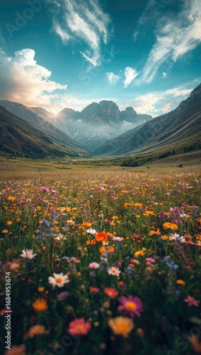 Colorful Wildflower Valley with Mountains and Sunrise