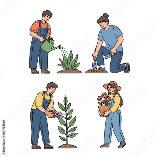 Illustration depicting people gardening, planting, and caring for plants in a garden. Ideal for use in educational materials, gardening guides, or environmental awareness campaigns.