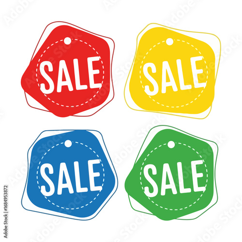 Colorful sale badge collection featuring red, yellow, blue and green labels. Ideal for retail promotions, advertising campaigns, and marketing materials
