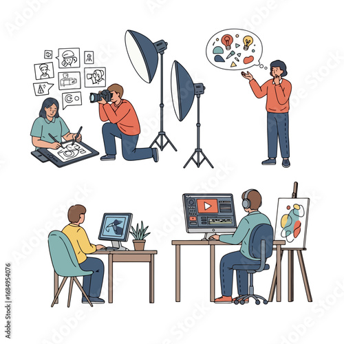 Creative professionals at work showcasing diverse artistic disciplines such as photography, digital illustration, video editing, and concept generation used for educational or commercial projects