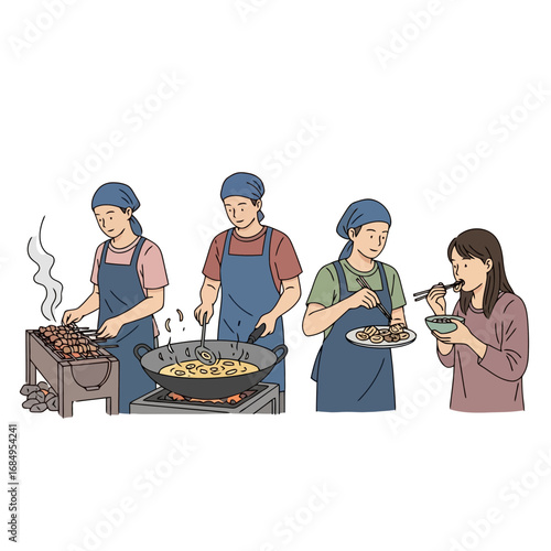 Street food preparation and enjoying a meal illustration, showcasing culinary arts and food culture for cooking tutorials and recipe demonstrations.