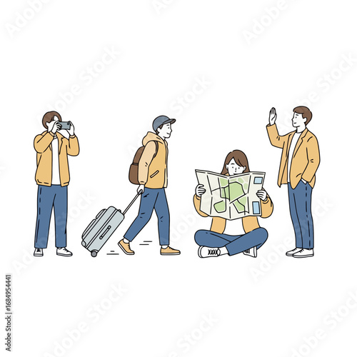 Minimalist line art illustration showcasing a group of young travelers exploring a new city, ideal for travel blogs, tourism marketing materials, and educational content