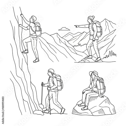 Illustrated hiking activities showcasing outdoor adventures and promoting active lifestyles through recreational pursuits and nature exploration, suitable for travel brochures.