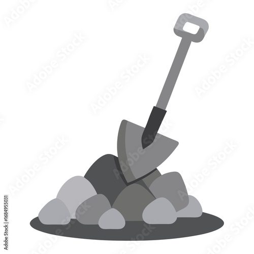 Shovel resting on pile of grey stones tool construction vector on white background.