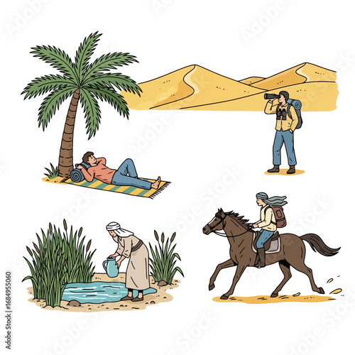 Desert illustrations showcasing various activities such as relaxing under a palm tree, photography, horse riding and collecting water, for travel and lifestyle content