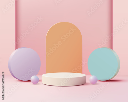 pastel geometric product display with round podium and arched backdrop in soft pink peach lavender mint green modern mockup for showroom advertising branding and presentation design