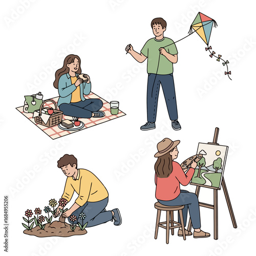Diverse outdoor activities illustration showcasing leisure pursuits like picnicking, gardening, kite flying, and painting for lifestyle and recreational content.