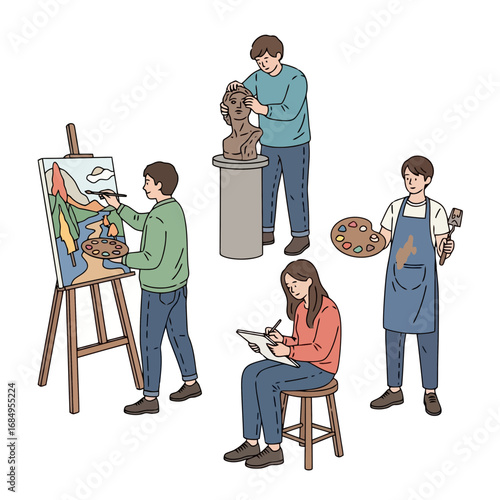 Group of diverse artists creating various forms of art including painting, sculpting, drawing, and sketching. Suitable for art education materials and creative learning environments.