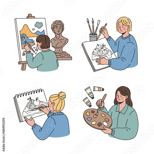 Illustrative Depiction of Aspiring Artists Engaging in Diverse Creative Pursuits and Artistic Expressions for Educational and Creative Projects