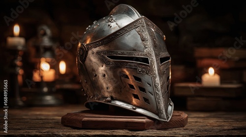 Hyperrealistic image of medieval knight helmet with polished metal surface intricate visor detail displayed on rustic wooden stand dim torchlight background