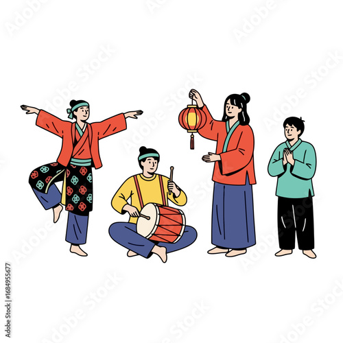 Cultural celebration illustration featuring traditional clothing, music, and lantern. Suitable for cultural event promotion, educational materials, or thematic designs.