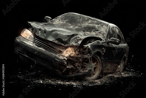 Severe car accident reveals the aftermath of a disaster in isolation on a black background