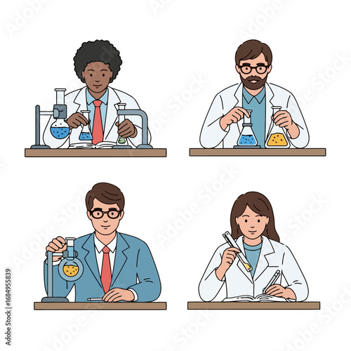 Diverse scientists conducting experiments in a laboratory setting, useful for educational materials, scientific publications, and illustrating research projects