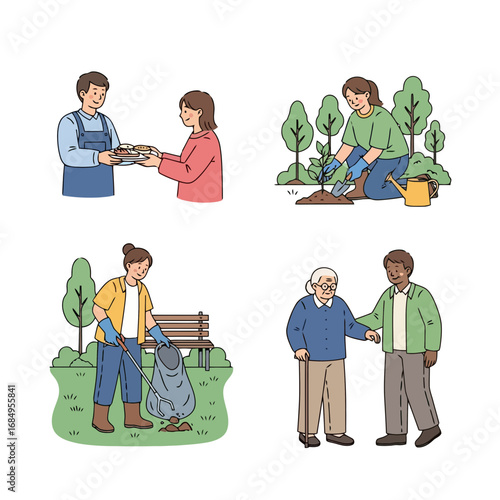 Community involvement illustration depicting volunteers engaging in planting trees, cleaning parks, and assisting seniors, promoting social responsibility and environmental stewardship.