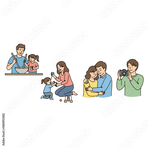 Family bonding moments portrayed in a simple illustration style, suitable for depicting family values, parenting advice, or lifestyle articles with a focus on domestic life