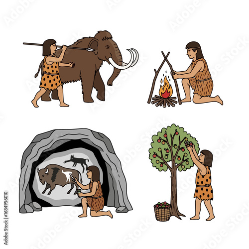 Depiction of prehistoric human life and activities including hunting, fire making, cave painting, and food gathering for educational resources and historical illustrations.
