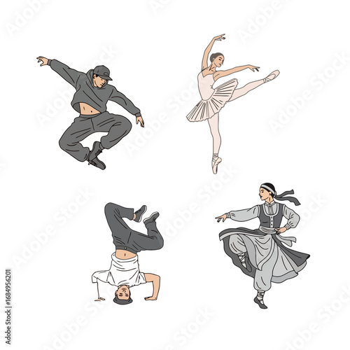 Diverse dance styles illustration showcasing ballet, hip-hop, and traditional dance forms for educational materials and cultural appreciation projects