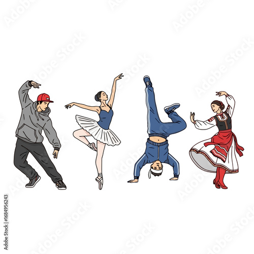 Diverse group of dancers showcasing various dance styles, including hip-hop, ballet, breakdancing, and traditional folk dance, ideal for dance education, cultural events, or artistic projects.