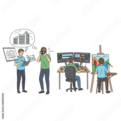 Depiction of diverse creative professions including architecture, photography, video editing, and painting, ideal for illustrating career options in the arts