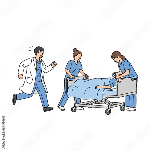Urgent hospital scene depicting medical professionals rushing a patient on a gurney for use in medical illustrations, educational materials, and healthcare advertising.
