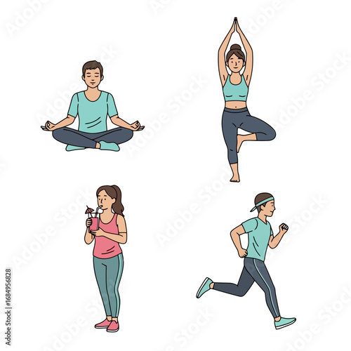 Diverse people practicing various fitness activities, including yoga, meditation, running, and healthy eating, for wellness and lifestyle promotion.
