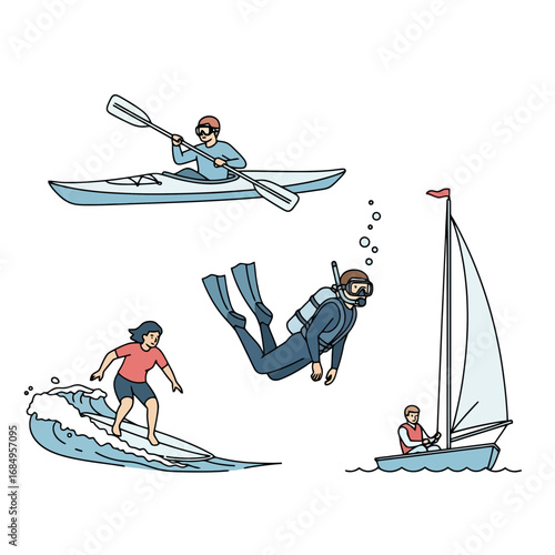 Diverse water sports activities illustration showcasing kayaking, surfing, scuba diving, and sailing for recreational and tourism themed designs