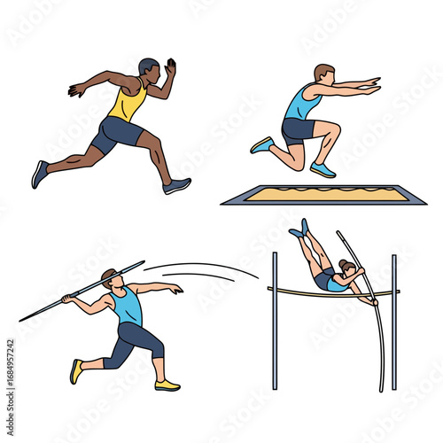 Diverse athletic disciplines showcased in vibrant cartoon style, suitable for sports promotion, educational materials, or athletic training resources.