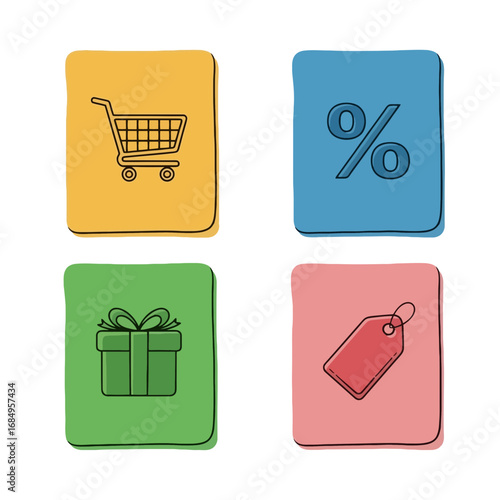 Colorful hand-drawn shopping icons for web design, e-commerce platforms, and marketing materials to enhance visual appeal and user engagement