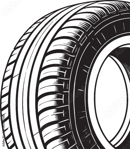 Detailed Black and White Illustration of a Car Tire Providing Visual Texture and Modern Transportation Aesthetic