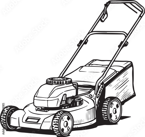 Detailed Black and White Illustration of a Lawn Mower for Gardening and Yard Work