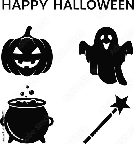 Happy halloween vector illustration with pumpkin, ghost, cauldron and magic wand for greeting card