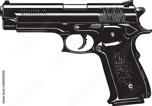 Detailed Black and White Illustration of a Semi Automatic Pistol with Precise Lines and Shadowing Gun Vector Illustration