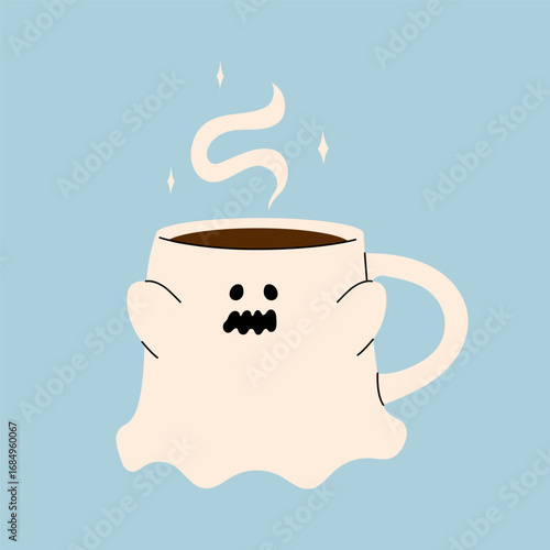 Cute kawaii halloween mug ghost with hot drink for kids and design. Pumpkin latte in a beautiful mug with marshmallow. Vector stock illustration on a blue background.