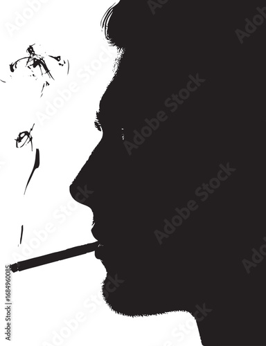 Dramatic Silhouette of a Man Smoking a Cigarette with Artistic Smoke Trails and a Bold Contrast