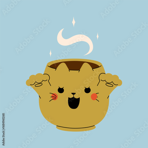 Cute kawaii halloween mug cat with hot drink for kids and design. pumpkin latte in a beautiful mug with marshmallow and straw. Vector stock illustration on a blue background.