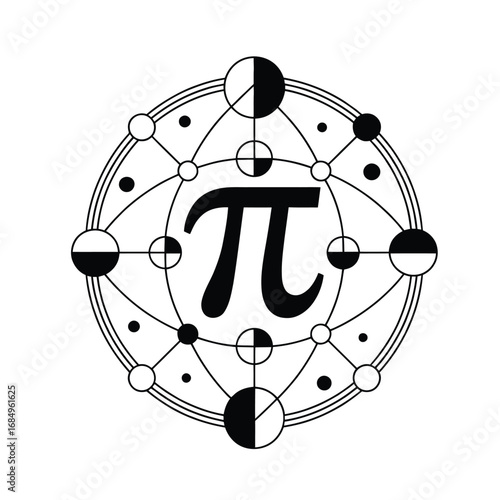 Black and white abstract vector of Pi symbol inside geometric segmented circle in minimal math, education, and STEM design