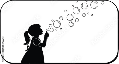 Girl blowing bubbles silhouette vector illustration, playful childhood moment, innocence and joy concept, minimal design, isolated white background,