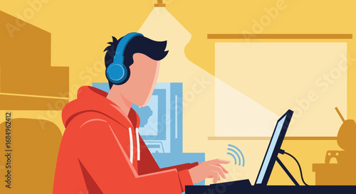 Young person with headphones focused on a laptop, working or studying remotely from home. Ideal for themes of online learning, digital communication, and modern lifestyle.
