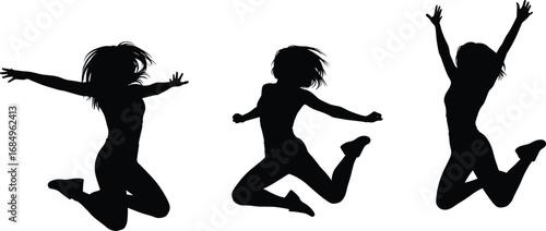 Women jumping silhouette vector illustration, joyful female figures, energetic poses concept, minimal design, isolated white background, expressive movement,