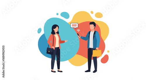 Two stylized individuals engaging in mobile communication, representing digital interaction, networking, and information exchange in a modern lifestyle or business context.