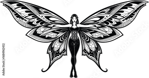 Fairy silhouette vector illustration, mythical winged woman, spread decorative wings, fantasy theme, enchantment concept, minimal design,